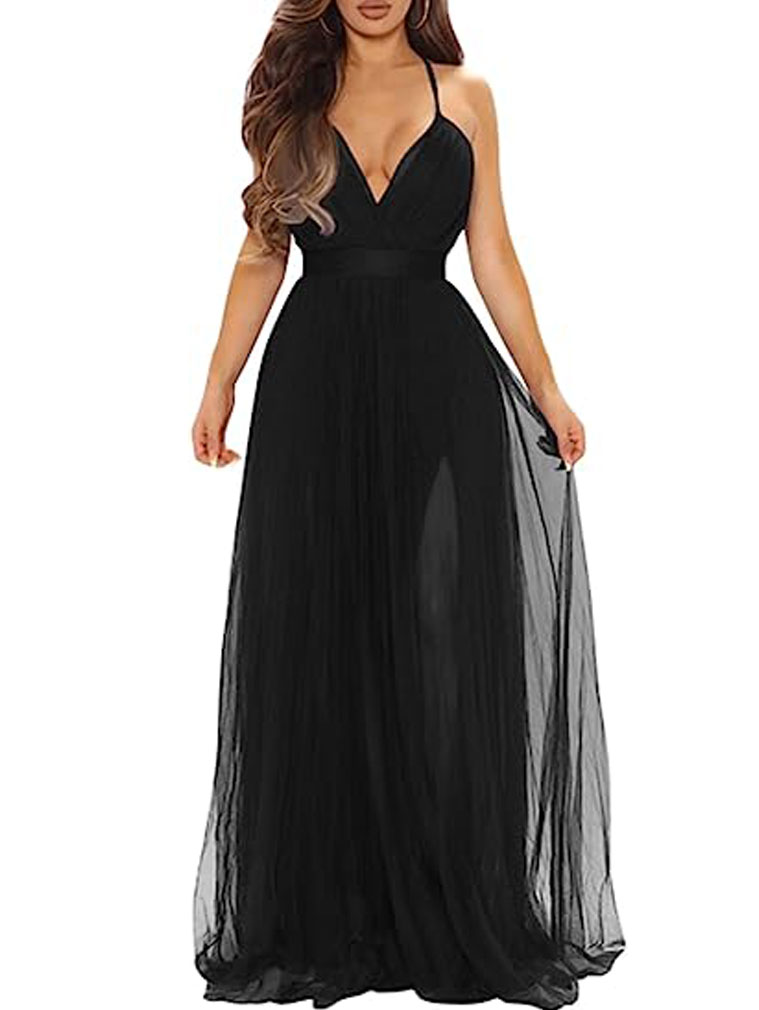 女性性感深V领拆分鸡尾酒会正式伴娘及地长裙