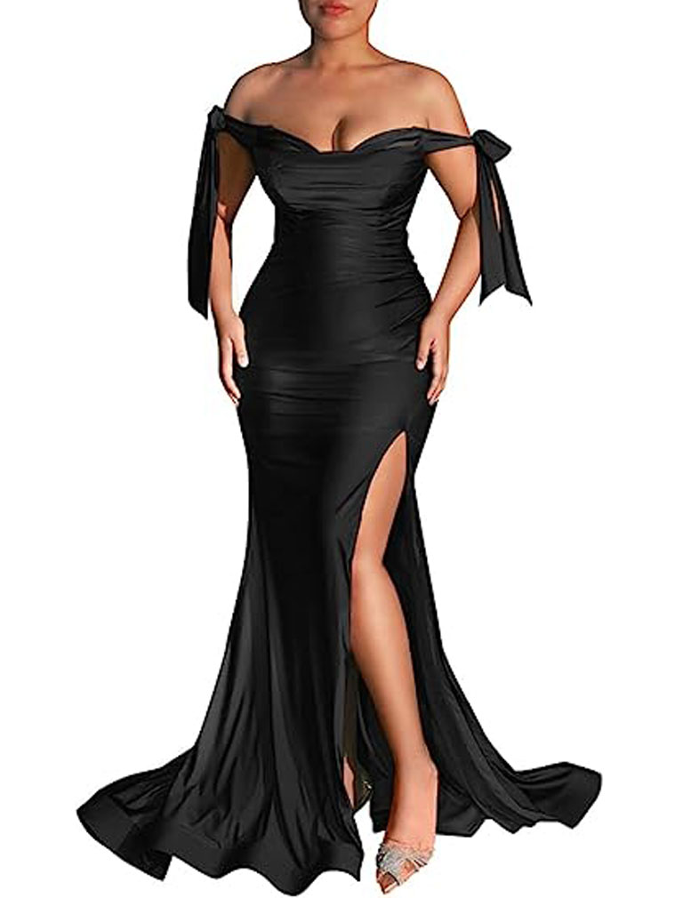 女子夏季舞会脱肩带高腰拆分晚会及地长裙