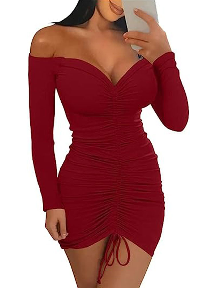 女性性感长袖秋季舞会俱乐部修身及膝裙