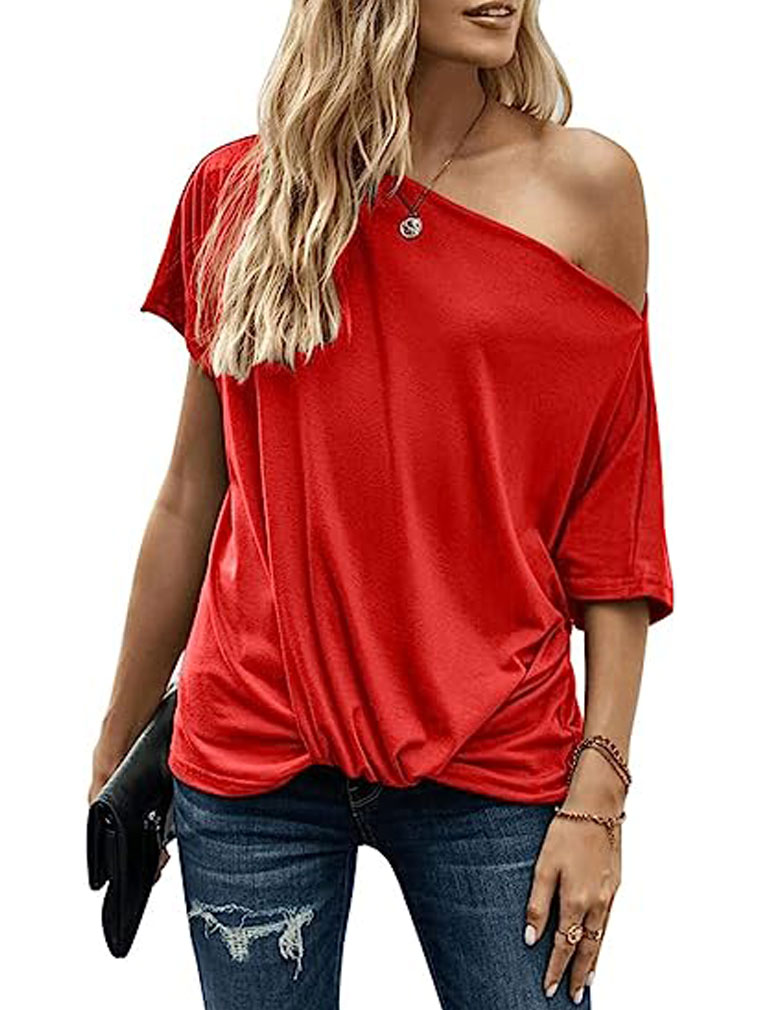 女子宽松适合短袖单肩休闲舒适纯色软风格束腰上衣