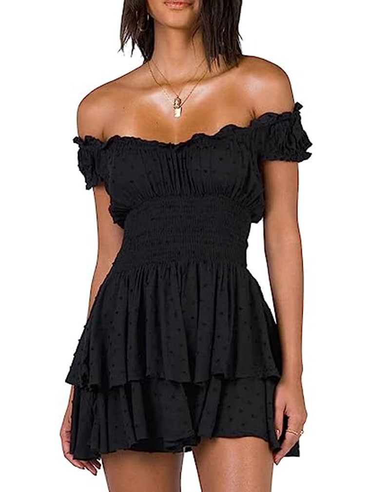 女子夏季脱肩瑞士点波西米亚沙滩迷你连身裤