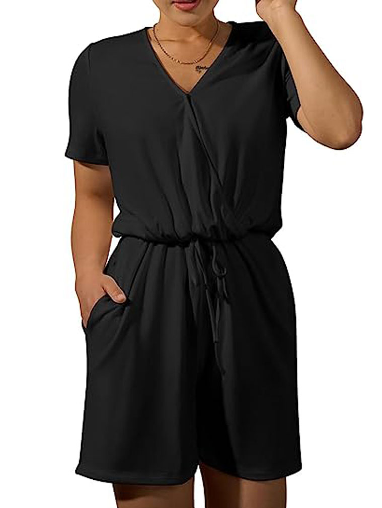 妇女宽松的包裹V领短袖弹力腰连衣裤与口袋