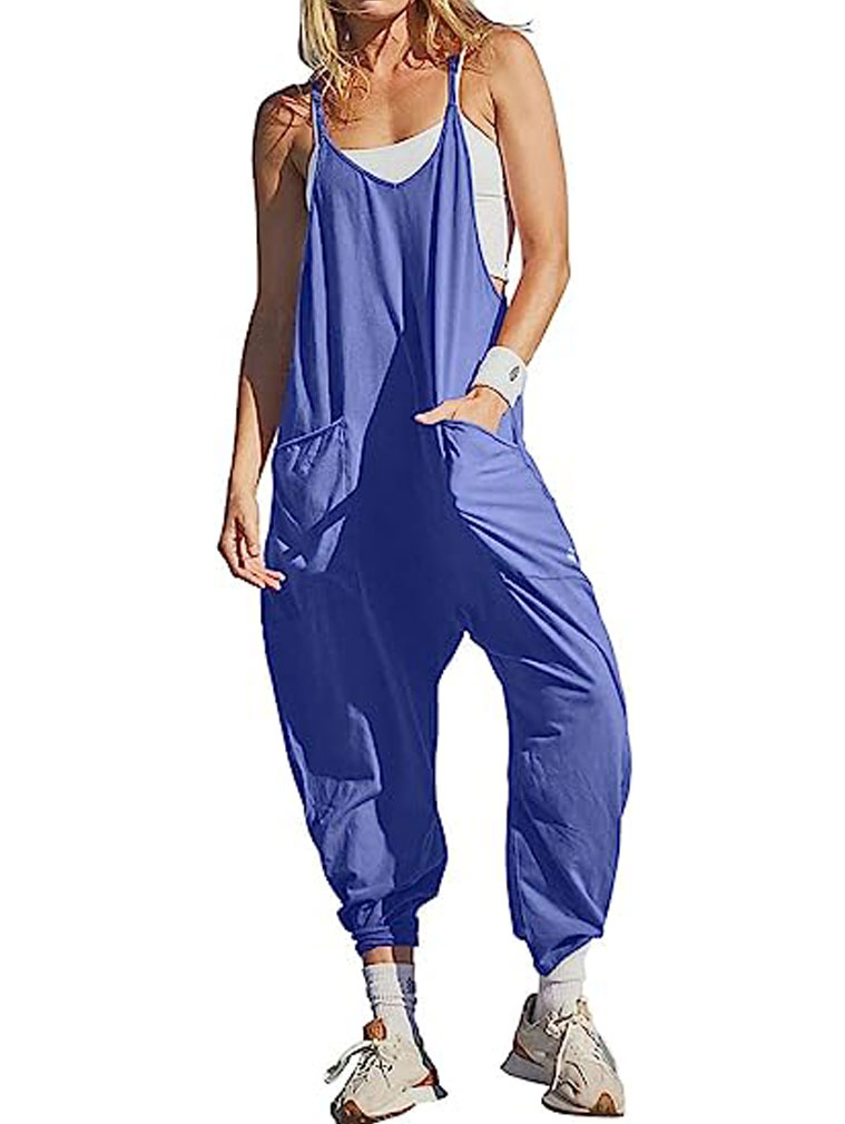 女性时尚休闲无袖V领宽松舒适的日常长连衣裤与口袋