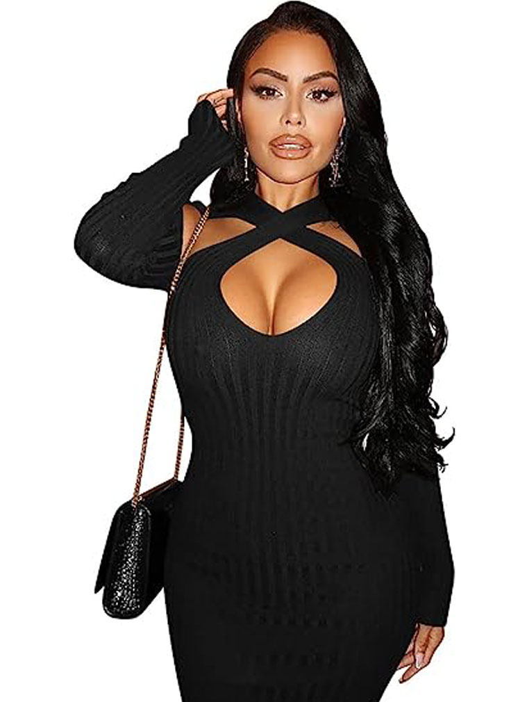 女人的性感毛衣长袖包裹剪裁身体con鸡尾酒会迷你裙