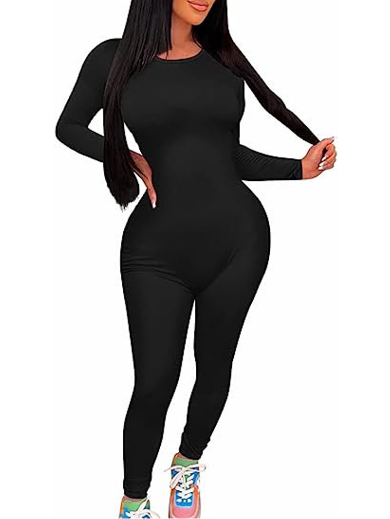妇女的秋天Bodycon长袖圆领连身裤