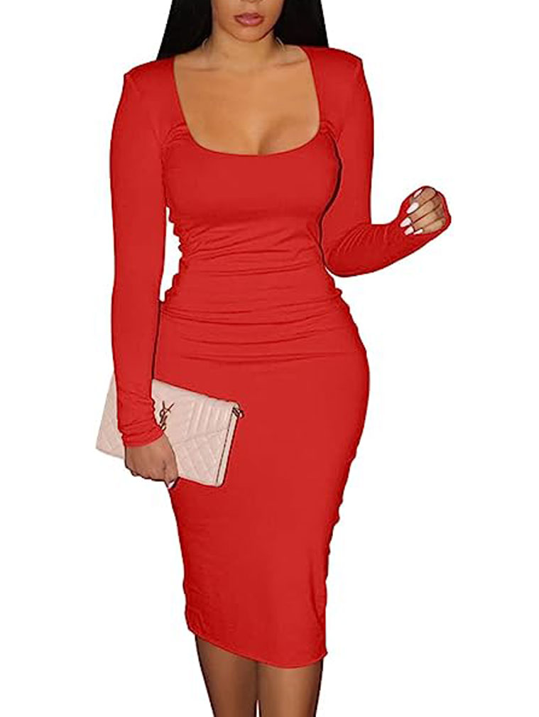 女人的秋天身体长袖方领适合鸡尾酒会工作迷你裙