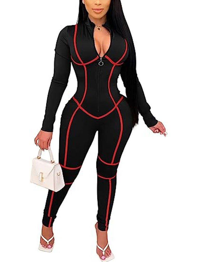 女性的性感的身体con拼接长袖出去连身裤