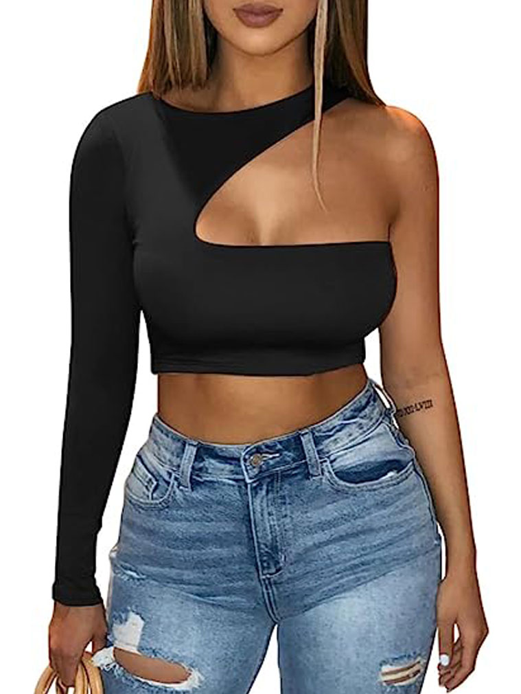 omen的秋季性感长袖镂空固体万圣节外出合身上衣