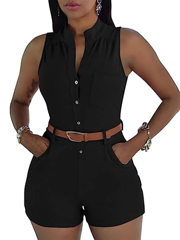 女人的性感V领连身裤一件短连身裤与腰带和口袋